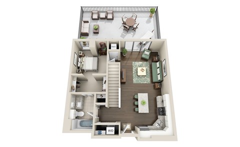 A floor plan of a house with a living room, dining room, kitchen, and two bedrooms.
